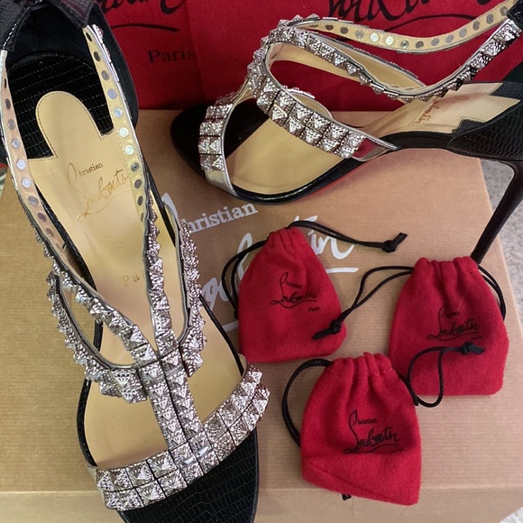 Black Diwali 100 Silver Studded Ankle Strap Stiletto Heel Pumps. - Picture 4 of 9